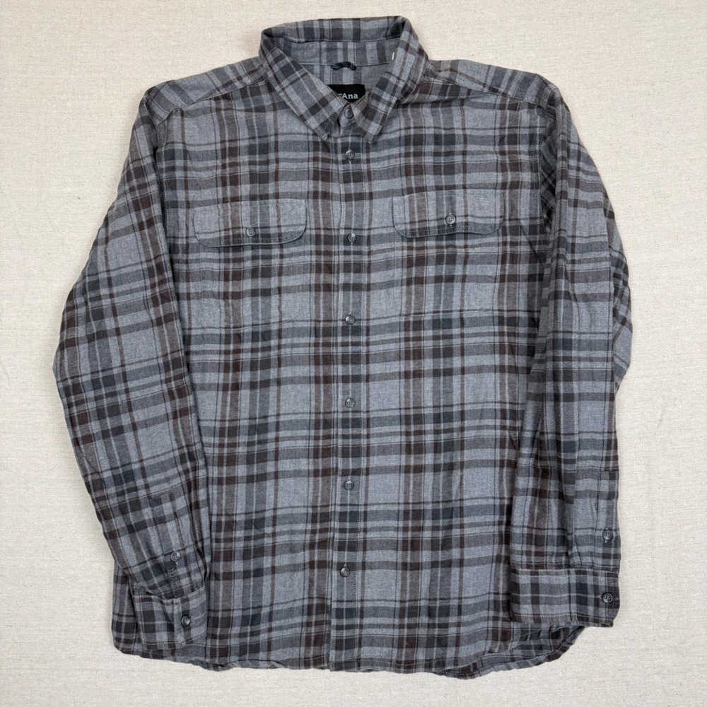 Prana Flannel Shirt XL 24.5in Organic Cotton Plaid Gray Brown Gorpcore Outdoor